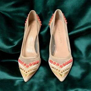 Stuart Weitzman Meshwork Pump Tan&Pink Embellished pointed toe Mesh upper sz7
